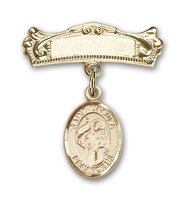 Pin Badge with St. Ursula Charm and Arched Polished Engravable Badge Pin - 14K Solid Gold