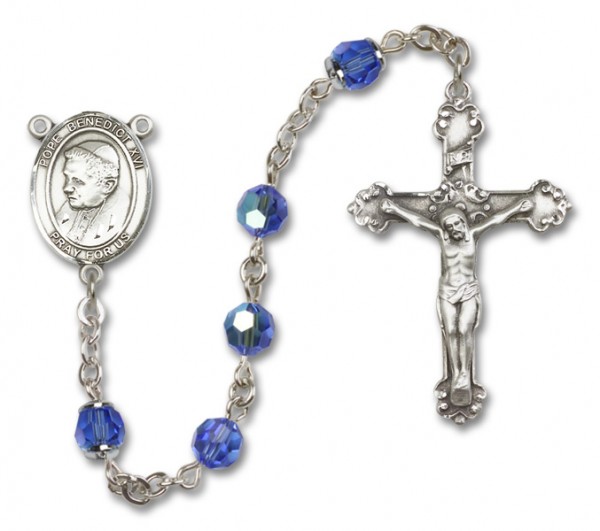 Pope Benedict XVI Sterling Silver Heirloom Rosary Fancy Crucifix - Sapphire