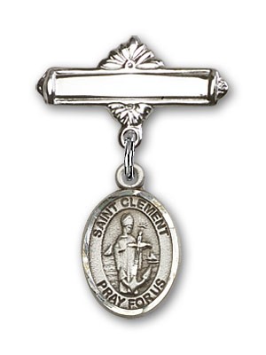 Pin Badge with St. Clement Charm and Polished Engravable Badge Pin - Silver tone