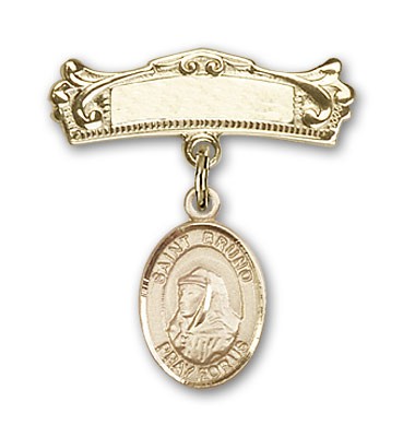 Pin Badge with St. Bruno Charm and Arched Polished Engravable Badge Pin - 14K Solid Gold