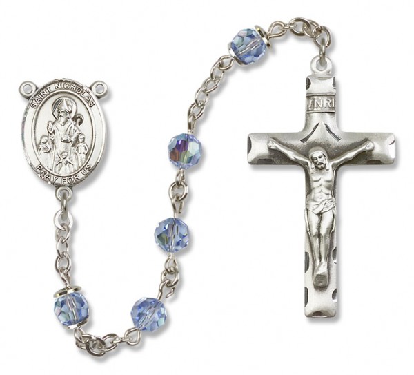 St. Nicholas Sterling Silver Heirloom Rosary Squared Crucifix - Light Sapphire