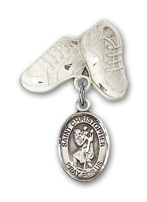Pin Badge with St. Christopher Charm and Baby Boots Pin - Silver tone
