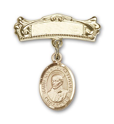 Pin Badge with St. Ignatius Charm and Arched Polished Engravable Badge Pin - Gold Tone