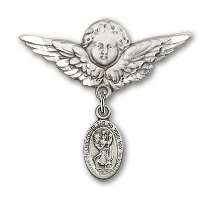 Pin Badge with St. Christopher Charm and Angel with Larger Wings Badge Pin - Sterling Silver