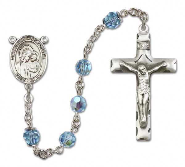 Our Lady of Good Counsel Sterling Silver Heirloom Rosary Squared Crucifix - Aqua