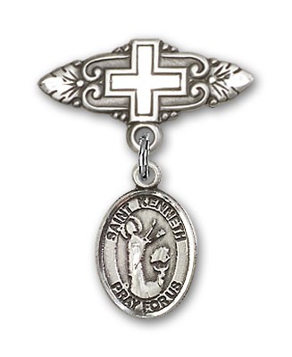 Pin Badge with St. Kenneth Charm and Badge Pin with Cross - Silver tone