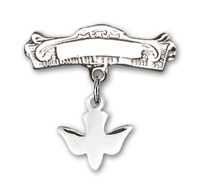 Baby Pin with Holy Spirit Charm and Arched Polished Engravable Badge Pin - Silver tone
