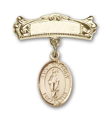 Pin Badge with St. Gregory the Great Charm and Arched Polished Engravable Badge Pin - Gold Tone