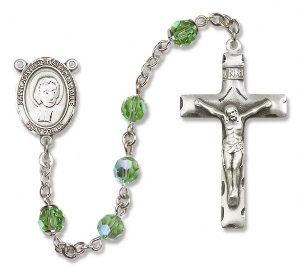 St. John Baptist de la Salle Sterling Silver Heirloom Rosary Squared Crucifix - Peridot