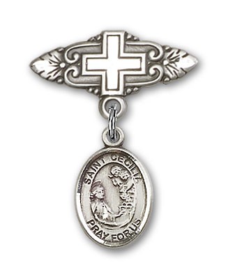 Pin Badge with St. Cecilia Charm and Badge Pin with Cross - Silver tone