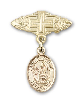 Pin Badge with St. Catherine of Siena Charm and Badge Pin with Cross - 14K Solid Gold