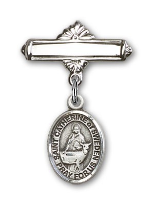 Pin Badge with St. Catherine of Sweden Charm and Polished Engravable Badge Pin - Silver tone