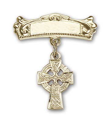 Pin Badge with Celtic Cross Charm and Arched Polished Engravable Badge Pin - 14K Solid Gold