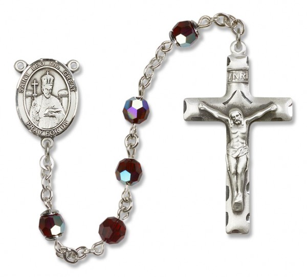 St. Leo the Great Sterling Silver Heirloom Rosary Squared Crucifix - Garnet