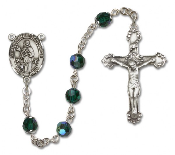 Our Lady of Assumption Sterling Silver Heirloom Rosary Fancy Crucifix - Emerald Green