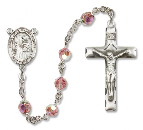 St. John of the Cross Sterling Silver Heirloom Rosary Squared Crucifix - Light Rose