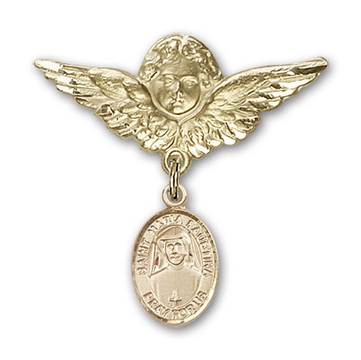 Pin Badge with St. Maria Faustina Charm and Angel with Larger Wings Badge Pin - Gold Tone