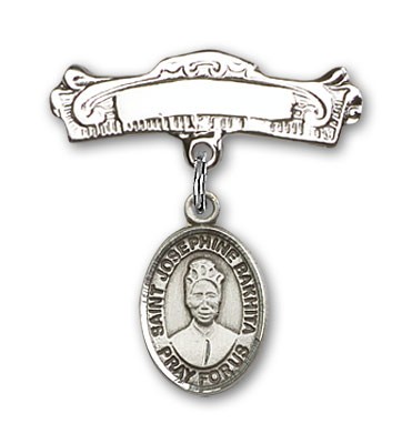 Pin Badge with St. Josephine Bakhita Charm and Arched Polished Engravable Badge Pin - Silver tone
