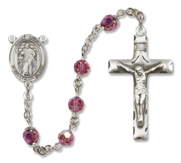 Divine Mercy Sterling Silver Heirloom Rosary Squared Crucifix - Rose