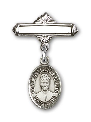 Pin Badge with St. Josephine Bakhita Charm and Polished Engravable Badge Pin - Silver tone