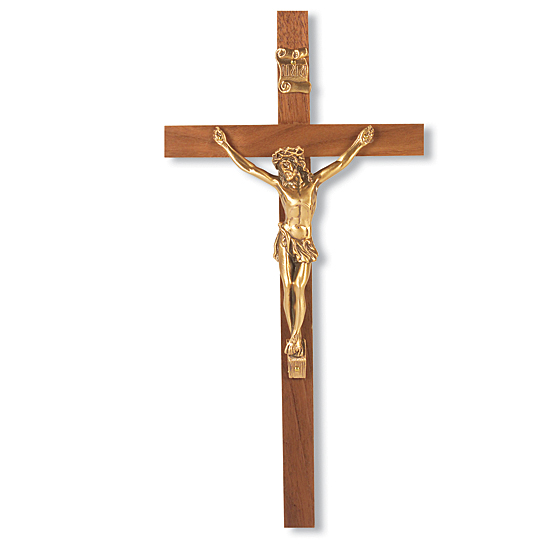 Slimline Walnut Wood Wall Crucifix - 10 inch - Brown