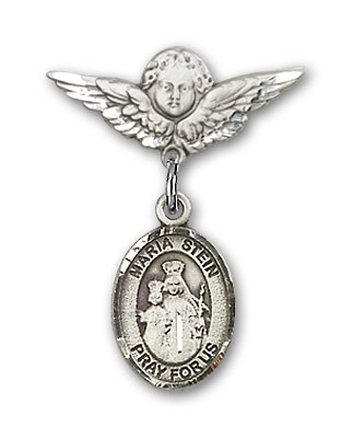 Pin Badge with Maria Stein Charm and Angel with Smaller Wings Badge Pin - Silver tone