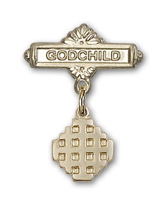 Baby Badge with Jerusalem Cross Charm and Godchild Badge Pin - Gold Tone