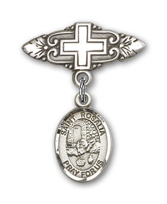 Pin Badge with St. Rosalia Charm and Badge Pin with Cross - Silver tone