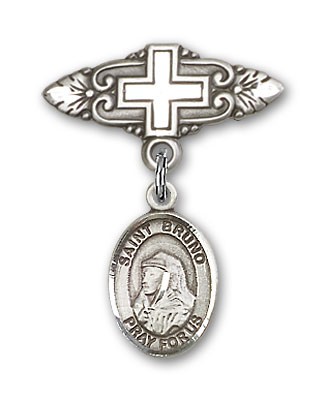 Pin Badge with St. Bruno Charm and Badge Pin with Cross - Silver tone