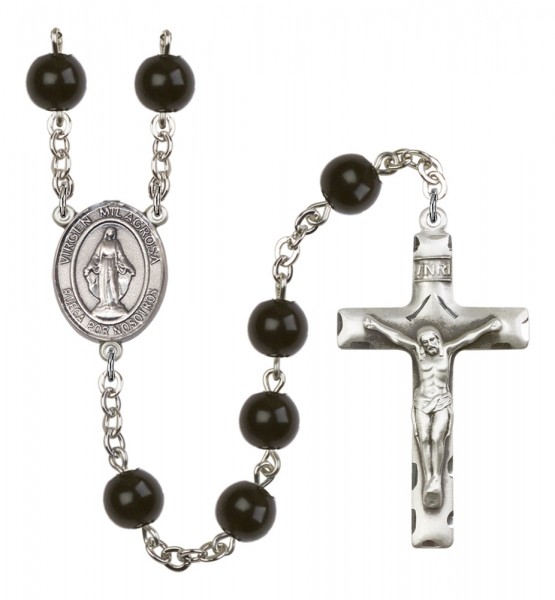 Men's Virgen Milagrosa Silver Plated Rosary - Black