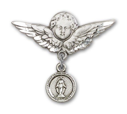 Baby Pin with Miraculous Charm and Angel with Larger Wings Badge Pin - Silver tone