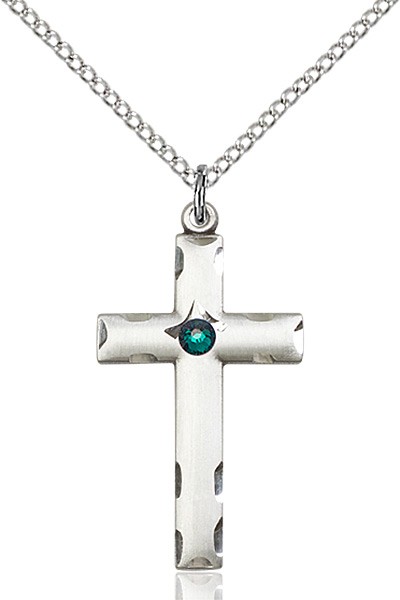 14kt Gold Filled Cross Pendant with 3mm Emerald bead Gold Filled Lite Curb Chain 7/8 x 5/8
