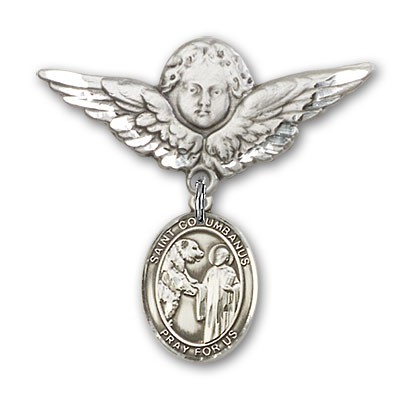 Pin Badge with St. Columbanus Charm and Angel with Larger Wings Badge Pin - Silver tone
