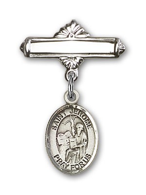 Pin Badge with St. Jerome Charm and Polished Engravable Badge Pin - Silver tone