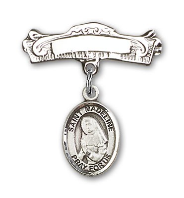 Pin Badge with St. Madeline Sophie Barat Charm and Arched Polished Engravable Badge Pin - Silver tone