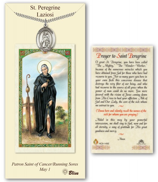 St. Peregrine Laziosi Medal in Pewter with Prayer Card - Silver tone