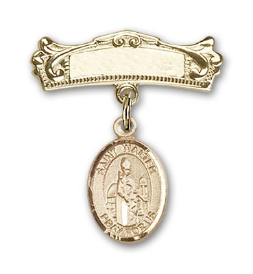 Pin Badge with St. Walter of Pontnoise Charm and Arched Polished Engravable Badge Pin - Gold Tone