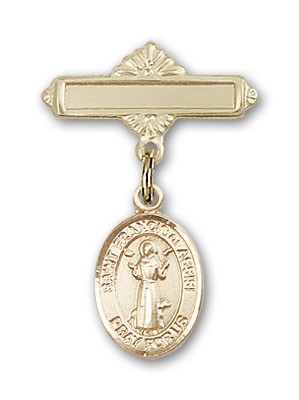 Pin Badge with St. Francis of Assisi Charm and Polished Engravable Badge Pin - 14K Solid Gold