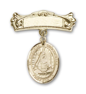 Pin Badge with St. Edburga of Winchester Charm and Arched Polished Engravable Badge Pin - 14K Solid Gold