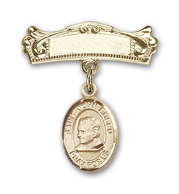 Pin Badge with St. John Bosco Charm and Arched Polished Engravable Badge Pin - Gold Tone