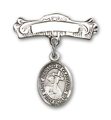 Pin Badge with St. Bernard of Clairvaux Charm and Arched Polished Engravable Badge Pin - Silver tone