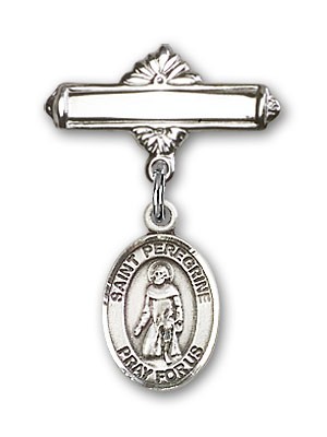 Pin Badge with St. Peregrine Laziosi Charm and Polished Engravable Badge Pin - Silver tone