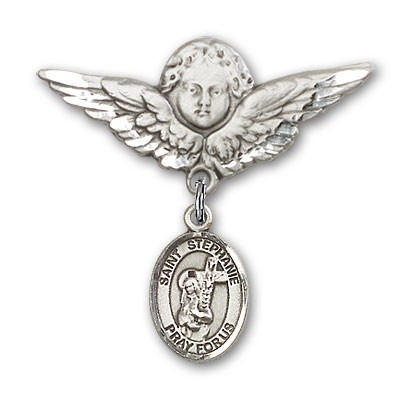 Pin Badge with St. Stephanie Charm and Angel with Larger Wings Badge Pin - Silver tone