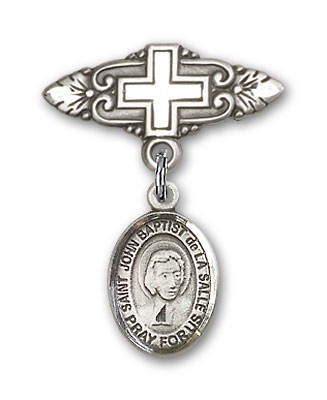 Pin Badge with St. John Baptist de la Salle Charm and Badge Pin with Cross - Silver tone