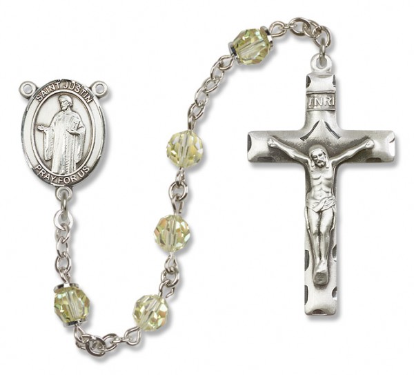 St. Justin Sterling Silver Heirloom Rosary Squared Crucifix - Zircon