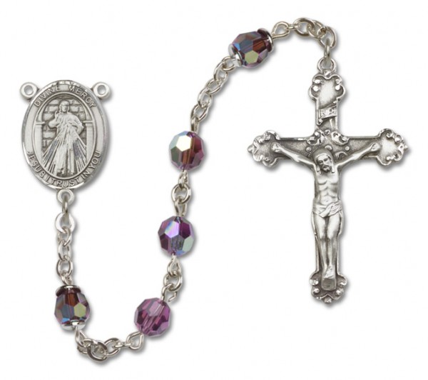 Divine Mercy Sterling Silver Heirloom Rosary Fancy Crucifix - Amethyst