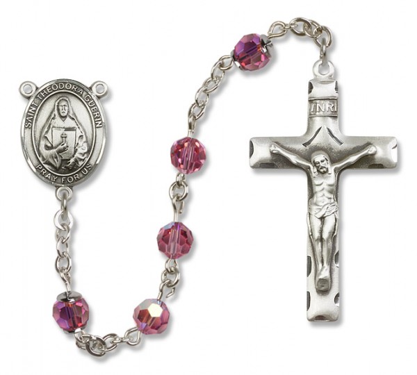 St. Theodora Guerin Sterling Silver Heirloom Rosary Squared Crucifix - Rose