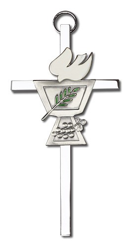 Confirmation Chalice and Dove Wall Cross 4&quot; - Silver tone