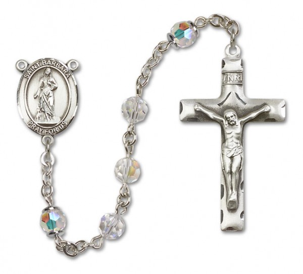 St. Barbara Sterling Silver Heirloom Rosary Squared Crucifix - Crystal