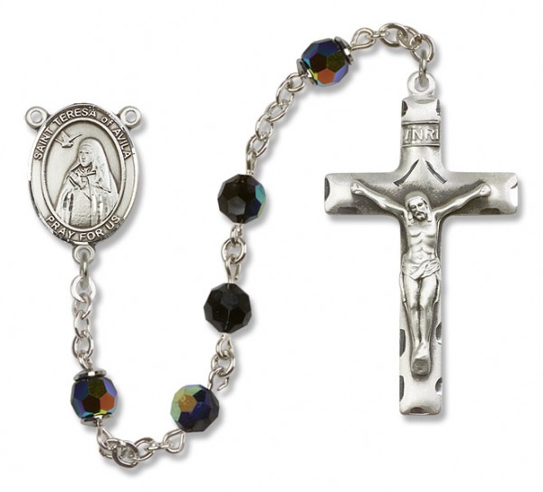 St. Teresa of Avila Sterling Silver Heirloom Rosary Squared Crucifix - Black